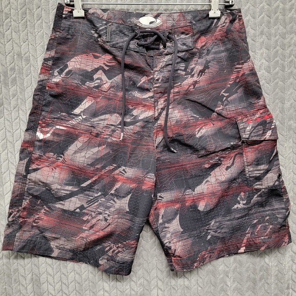 Oakley Board Shorts Mens 30‎ Red Black Swim Trunks Abstract Cargo Pocket - Picture 1 of 11